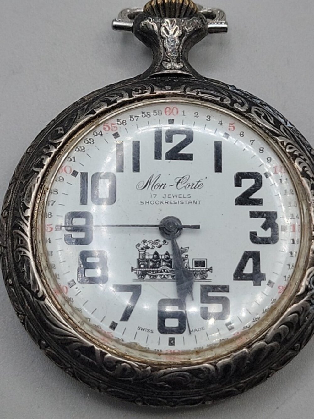Swiss Railroad Grade Wind Pocket Watch Mon-Corte By EVASO SA 17j Antique - Picture 4 of 16